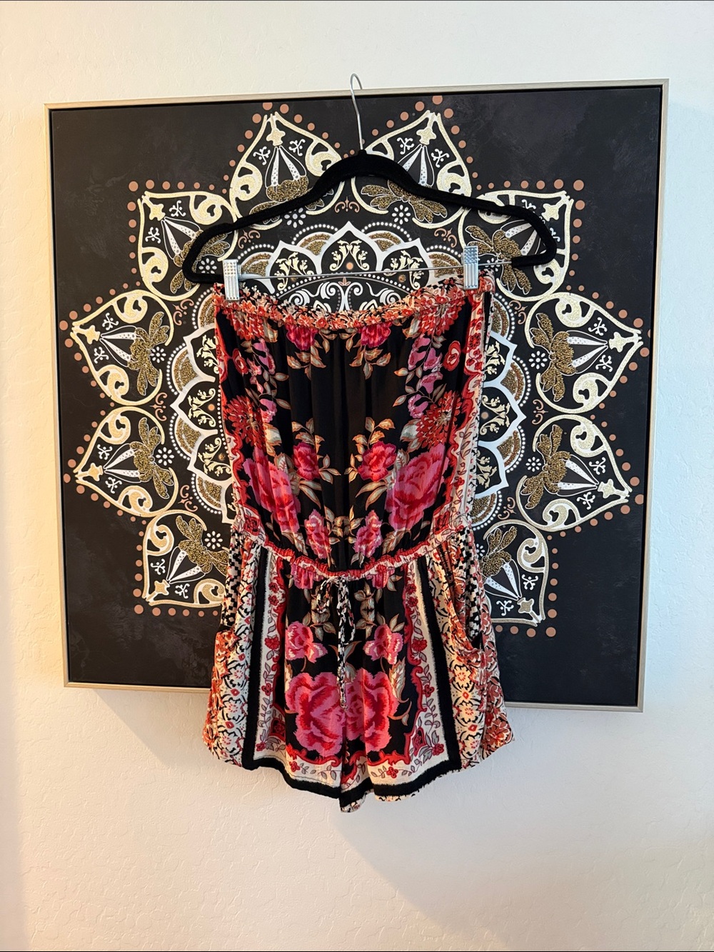 Angie Floral Strapless Romper - Black & Pink